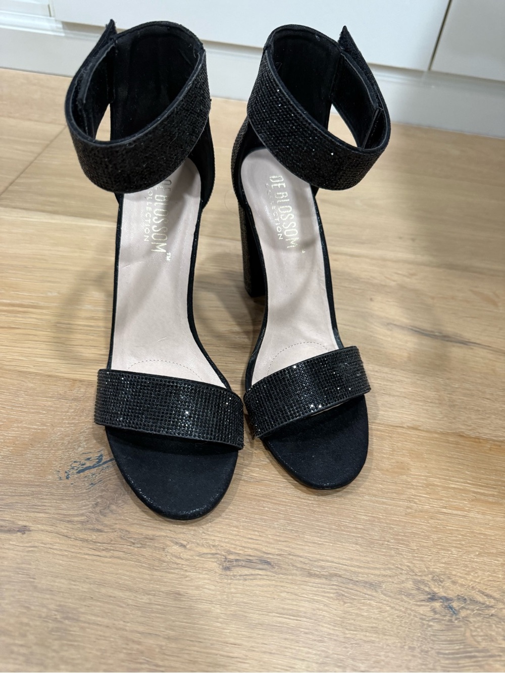 De Blossom Collection Black Sparkle Ankle-Strap Block Heels